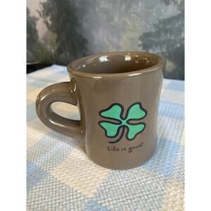 Life is Good Coffee Mug - Brown with Green Four-Leaf Clover Shamrock